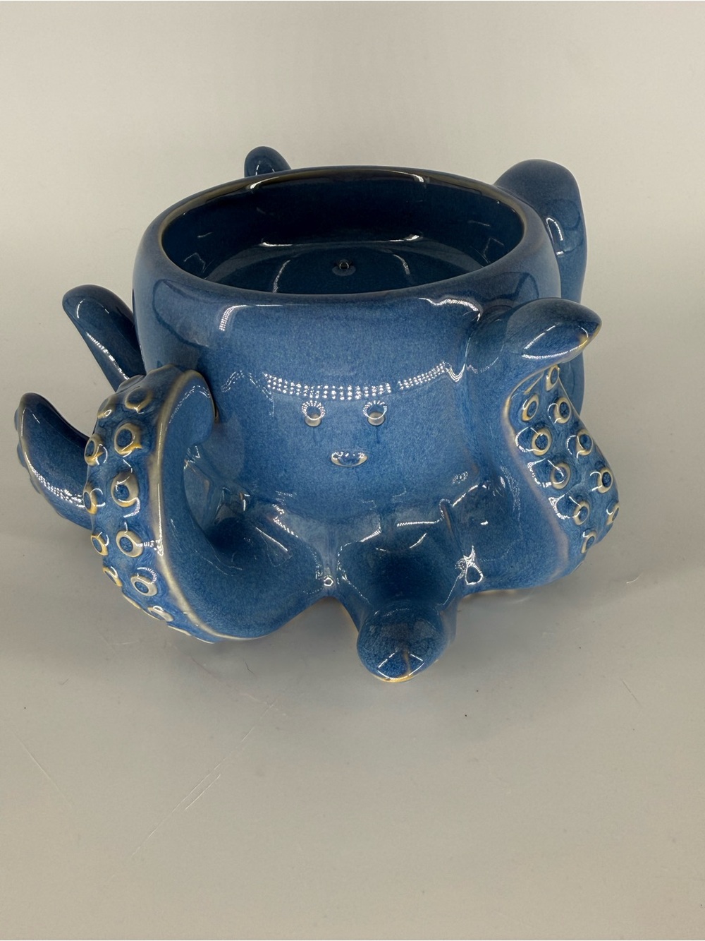 Bath Body Works Blue Octopus 3 Wick Candle Holder Ceramic Pedestal Nautical EUC